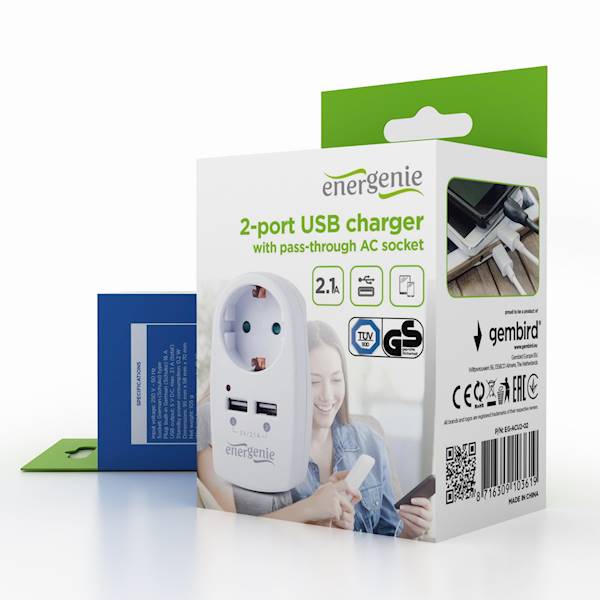 ADAPTER GNIAZDA ZAS 2xUSB 2.1A GEMBIRD ENERGENIE BIAŁY