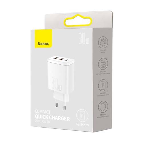 ŁADOWARKA SIECIOWA BASEUS COMPACT PD 30W 1xUSB-C 2xUSB BIAŁA