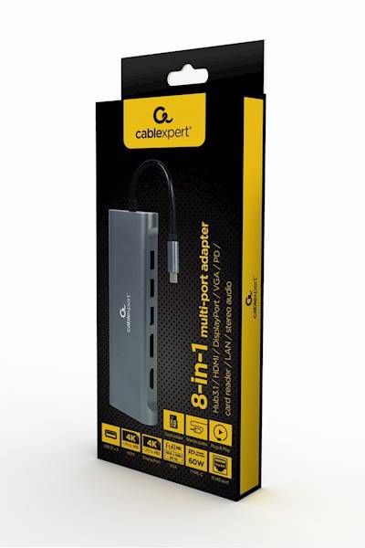 ADAPTER 8w1 USB-C - HDMI | VGA | 4x USB 3.0 | USB-C | GbE | SD | AUDIO GEMBIRD