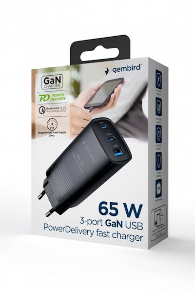 ŁADOWARKA SIECIOWA GEMBIRD 65W GaN 1xUSB 2xUSB-C CZARNA