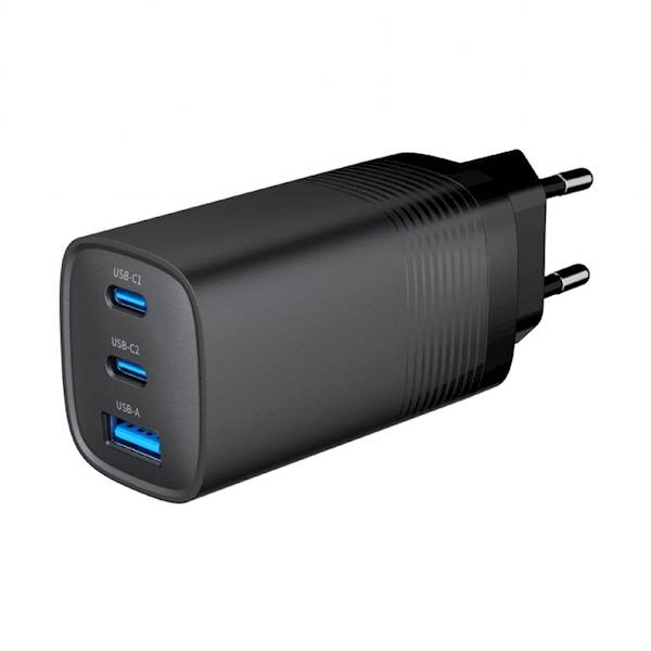 ŁADOWARKA SIECIOWA GEMBIRD 65W GaN 1xUSB 2xUSB-C CZARNA
