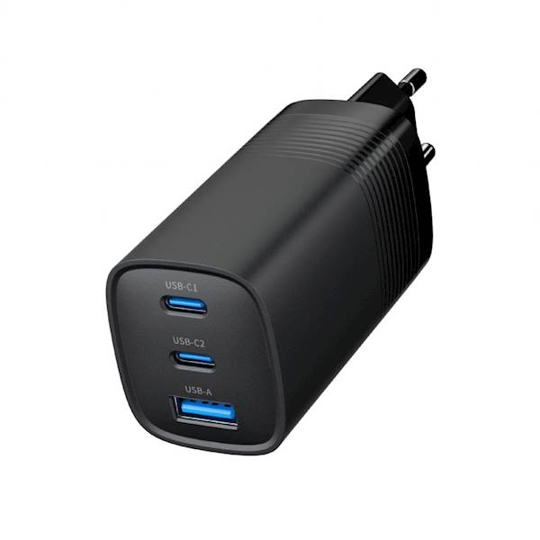 ŁADOWARKA SIECIOWA GEMBIRD 65W GaN 1xUSB 2xUSB-C CZARNA