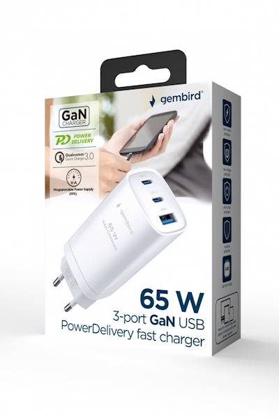 ŁADOWARKA SIECIOWA GEMBIRD 65W GaN 1xUSB 2xUSB-C BIAŁA