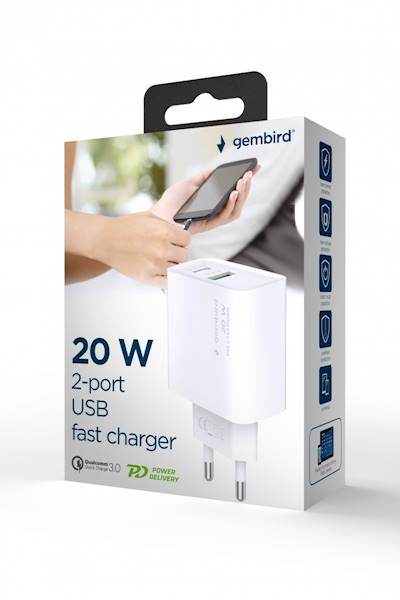 ŁADOWARKA SIECIOWA GEMBIRD 20W 1xUSB 1xUSB-C BIAŁA
