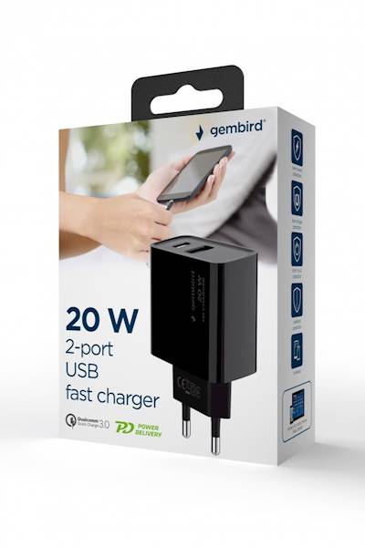 ŁADOWARKA SIECIOWA GEMBIRD 20W 1xUSB 1xUSB-C CZARNA