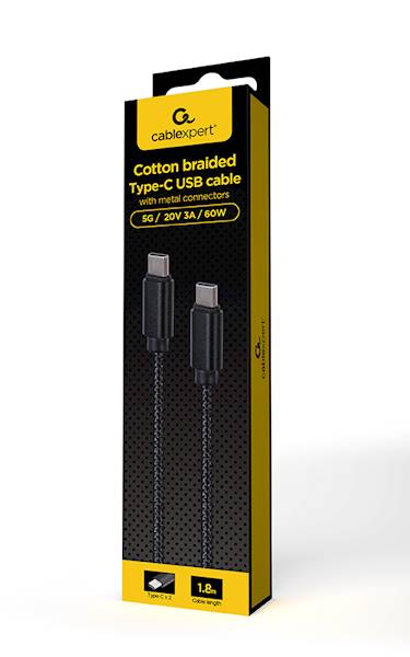 KABEL USB-C - USB-C GEMBIRD 1,8M 60W SZNUREK CZARNY