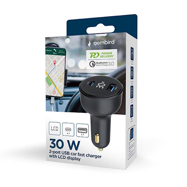 ŁADOWARKA SAMOCHODOWA 1xUSB 1xUSB-C PD LCD 30W CZARNA GEMBIRD