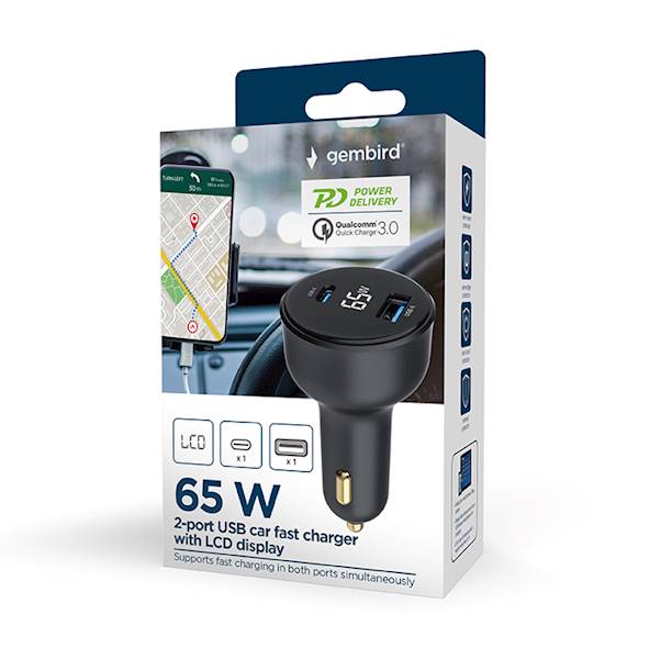 ŁADOWARKA SAMOCHODOWA 1xUSB 1xUSB-C PD 65W LCD CZARNA GEMBIRD