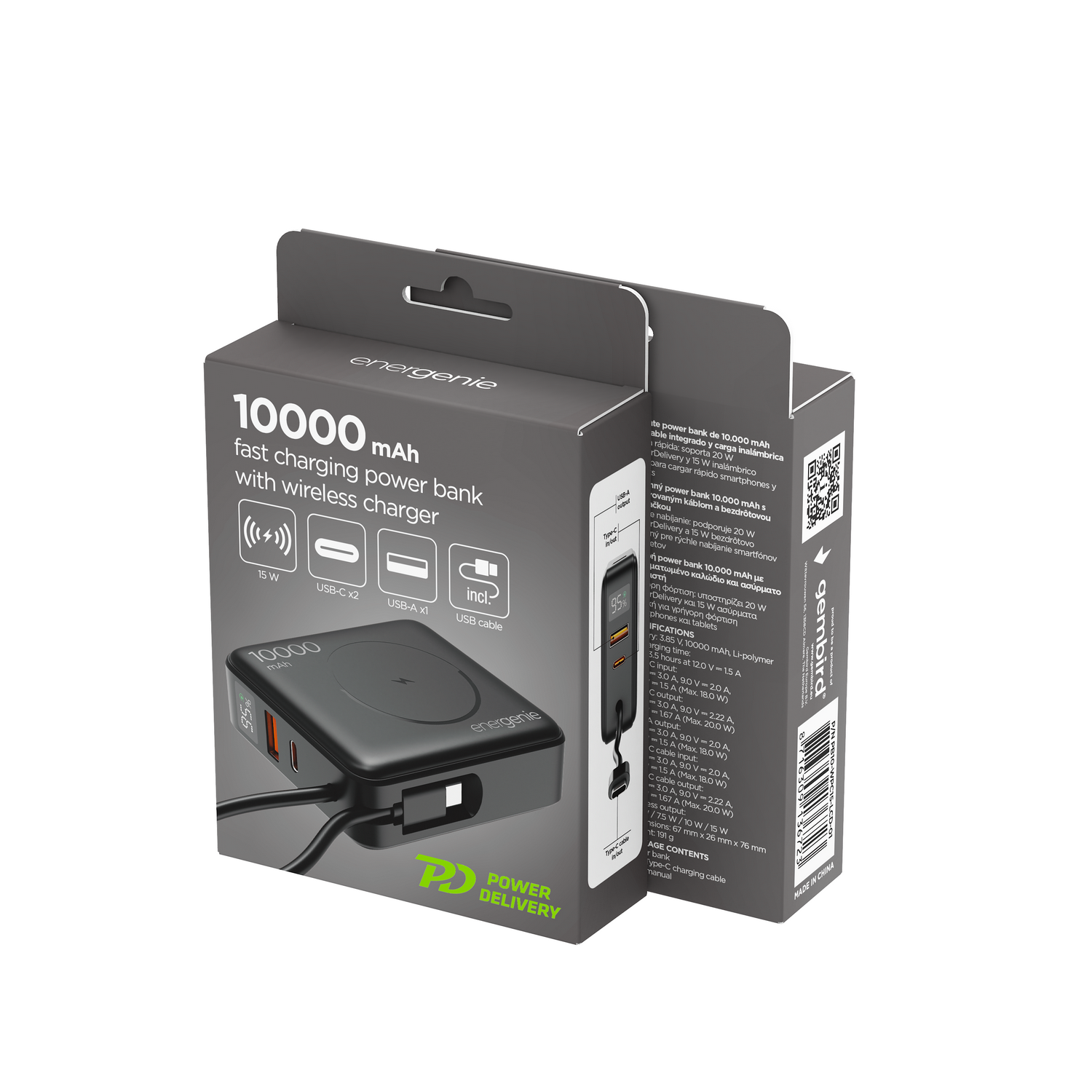 POWERBANK BEZPRZEWODOWY 10000mAh 20W GEMBIRD CZARNY