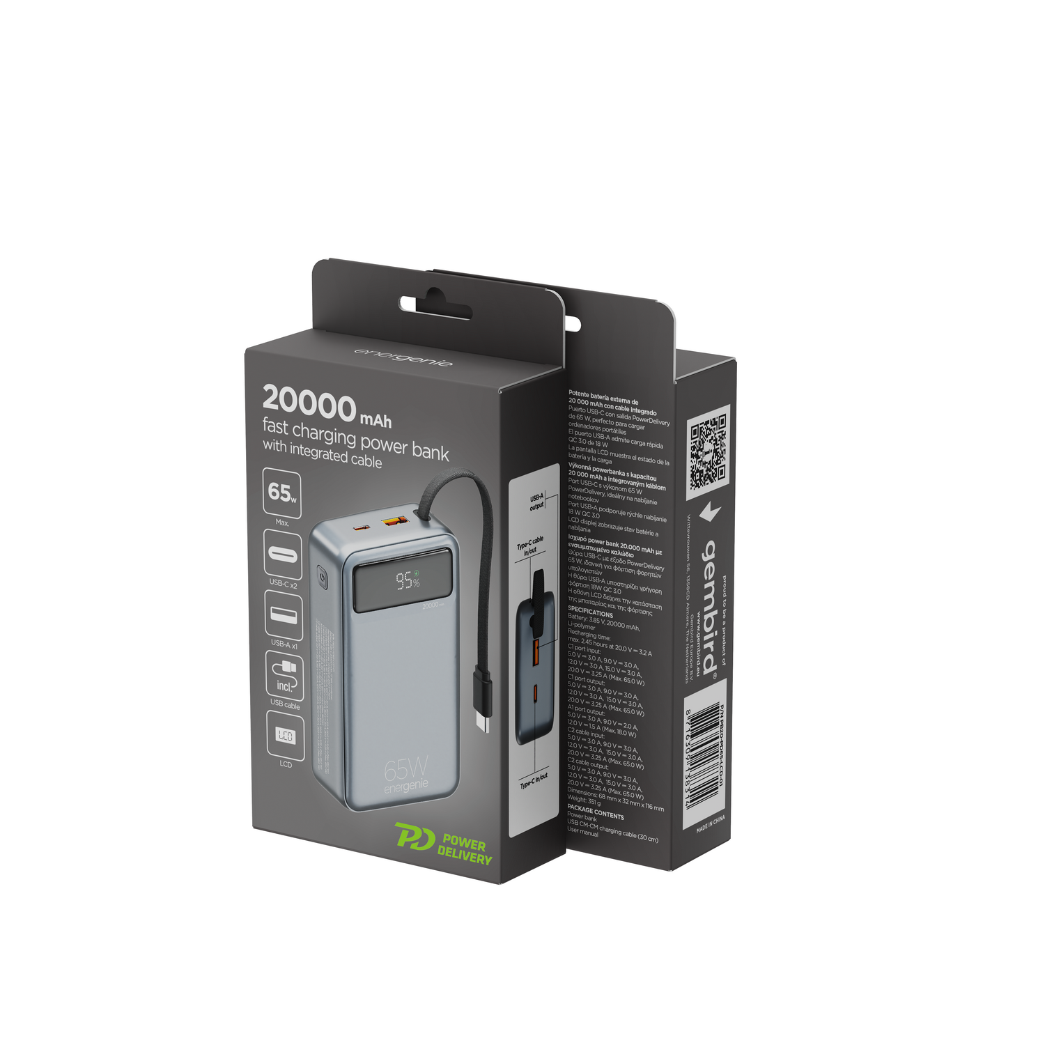 POWERBANK 20000mAh 65W LCD GEMBIRD CZARNY