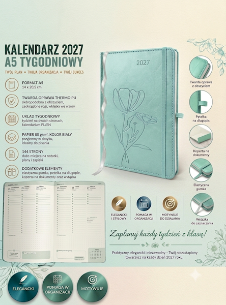 Kalendarz Mindful A5 2027 tygodniowy Zielony