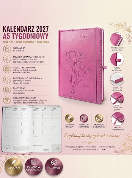 Kalendarz Mindful A5 2027 tygodniowy Różowy