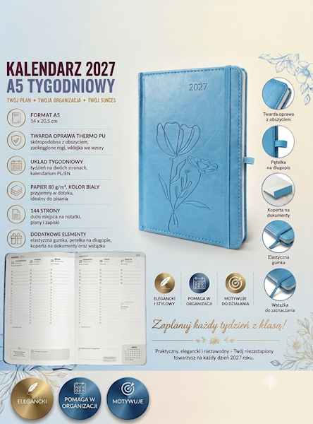 Kalendarz Mindful A5 2027 tygodniowy Niebieski