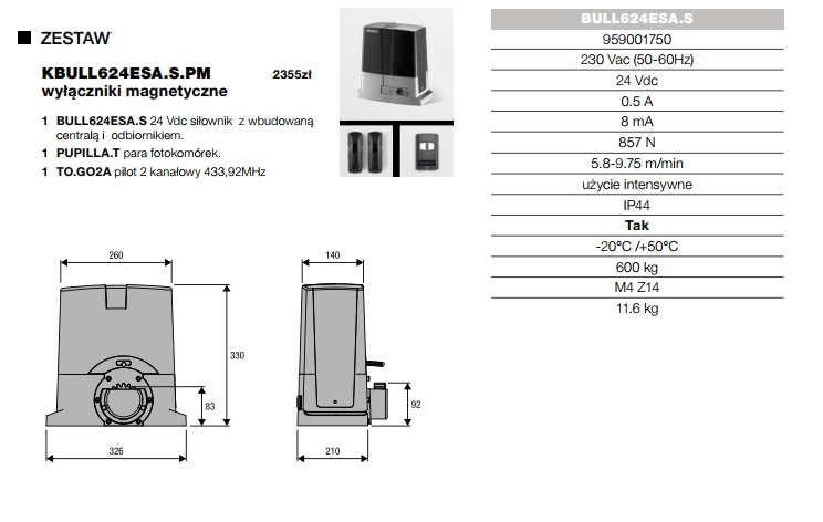 Zestaw do bram przesuwnych KBULL624.ESA.S.PM-9B