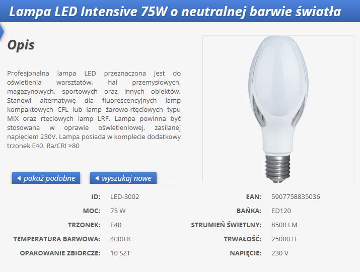 Żarówka LED ED120 E40 8500 lm 75W 230V 4000K