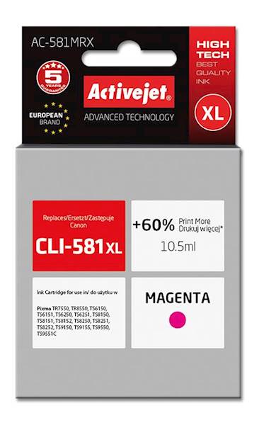 Tusz ActiveJet Canon | AC-581MRX | 10.5ml Magenta
