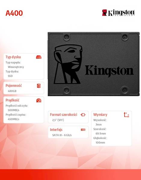 Dysk SSD Kingston A400 | 480GB | 2,5" | SATA