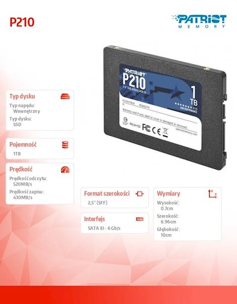 Dysk SSD Patriot P210 | 1TB | 2.5" | SATA