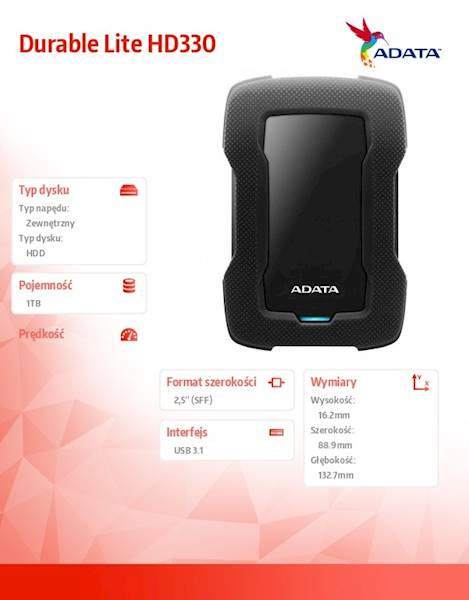Dysk zewnętrzny HDD Adata Durable Lite HD330 | 1TB