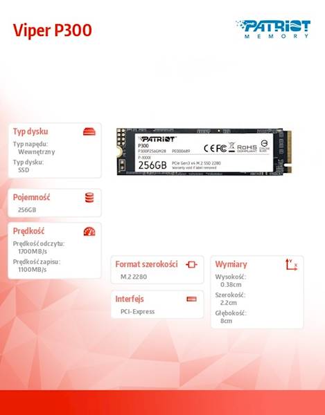 Dysk SSD Patriot P300 | 256GB | M.2 | PCIe NVme 