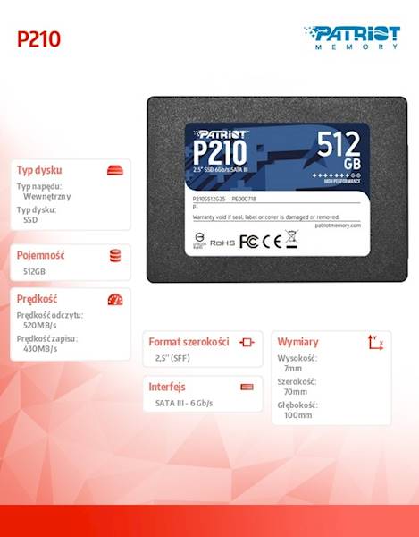 Dysk SSD Patriot P210 | 512GB | 2.5" | SATA