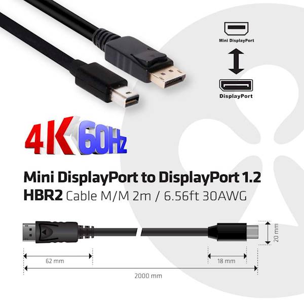 Kabel mini DisplayPort -> DisplayPort 2m 1.2 HBR2