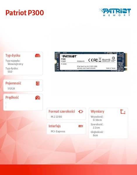 Dysk SSD Patriot P300 | 512GB | M.2 | PCIe NVme 