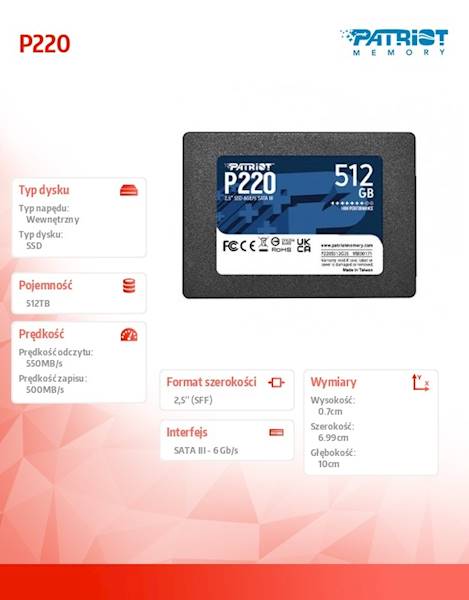 Dysk SSD Patriot P220 | 512GB | 2,5" | SATA