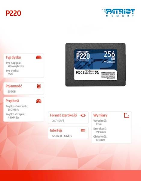 Dysk SSD Patriot P220 | 256GB | 2,5" | SATA