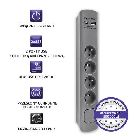 Listwa zasilająca Qoltec | 4gn + 2xUSB | 1.8m