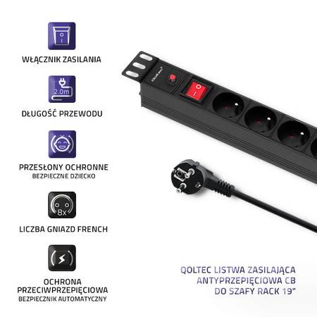 Listwa zasilająca Qoltec | 8 gn. | 2m | RACK 19"1U
