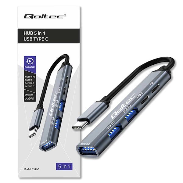 Qoltec HUB 5 in 1 | USB C PD | USB C | 2xUSB