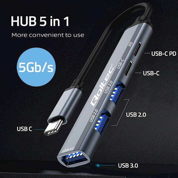 Qoltec HUB 5 in 1 | USB C PD | USB C | 2xUSB