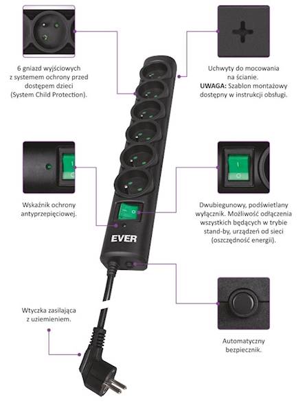 Listwa przeciwprzepięciowa Ever OPTIMA 6g.1.5m 10A