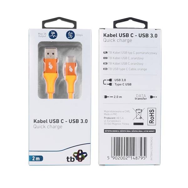 TB Kabel USB 3.0 - USB C 2m PREMIUM 3A TPE