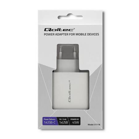 Qoltec Ładowarka sieciowa 45W 5-20V 1,5-3A USB + C