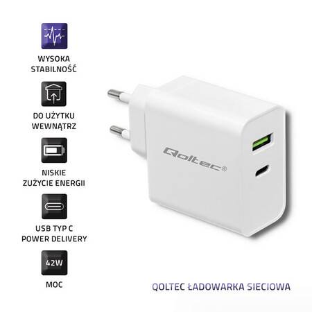 Qoltec Ładowarka sieciowa 45W 5-20V 1,5-3A USB + C