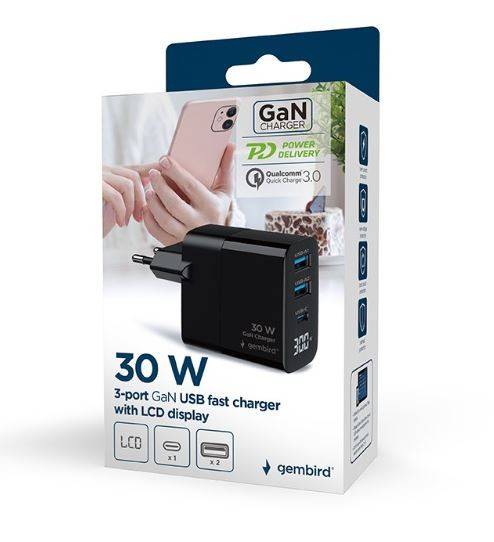 Ładowarka sieciowa Gembird 2xUSB A+1xC 30W QC 3.0