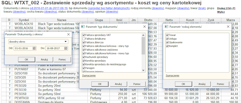 002. Zestawienie sprzedaży wg asortymentu - koszt wg ceny kartotekowej