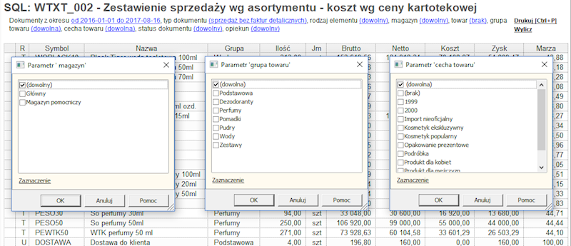 002. Zestawienie sprzedaży wg asortymentu - koszt wg ceny kartotekowej