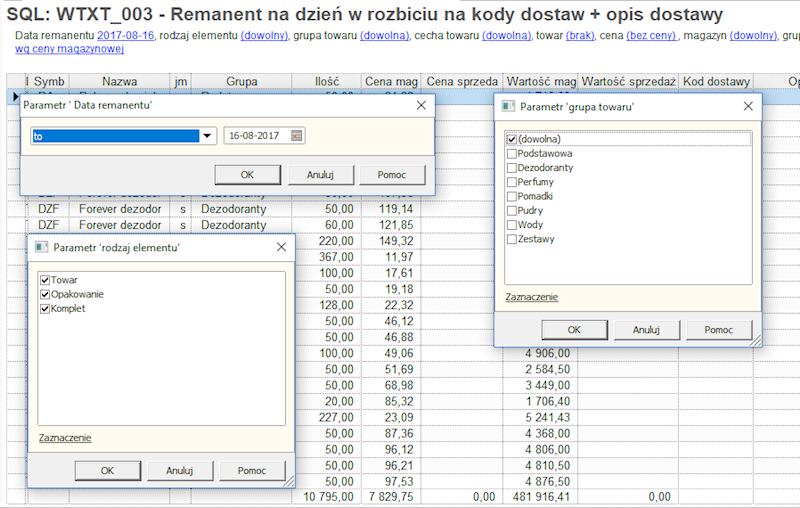 003. Remanent na dzień w rozbiciu na kody dostaw + opis dostawy