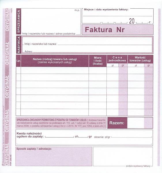 druk Faktura dla zw.p.z p. vat 2/3 A5 204-4E pion