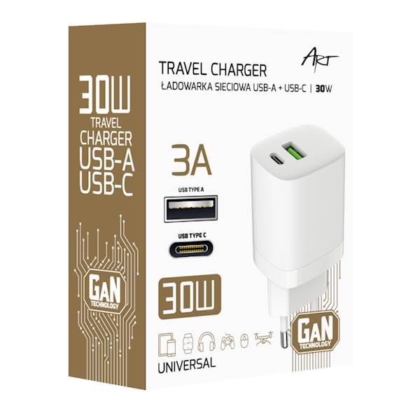 ładowarka sieciowa USB-A QC3.0 + USB-C 3A 30W ART 