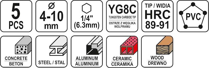 ZESTAW WIERTEŁ UNIWERSALNYCH 5SZT. 4-10MM HEX YT-44789 YATO