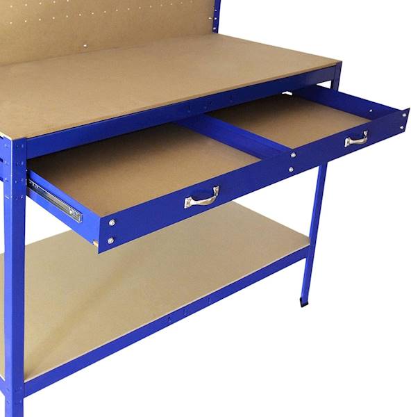 STÓŁ WARSZTATOWY Z BLATEM ROBOCZYM, TABLICĄ NA NARZĘDZIA I SZUFLADĄ 1200X600X12MM KD640