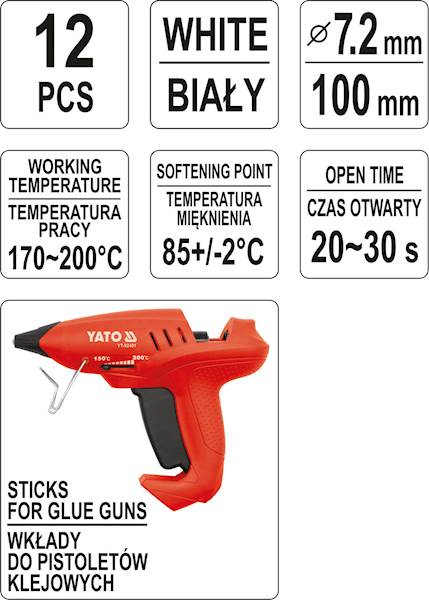 KLEJ DO PISTOLETU NA GORĄCO 12szt. 7,2x100mm BIAŁY YT-82446 YATO