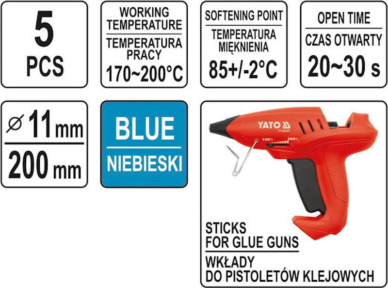 KLEJ DO PISTOLETU NA GORĄCO 5szt. 11x200mm NIEBIESKI  YT-82435 YATO