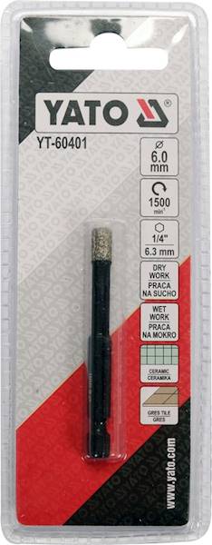 WIERTŁO DIAMENTOWE DO GRESU 6MM HEX DO PRACY NA SUCHO I MOKRO YT-60401 YATO
