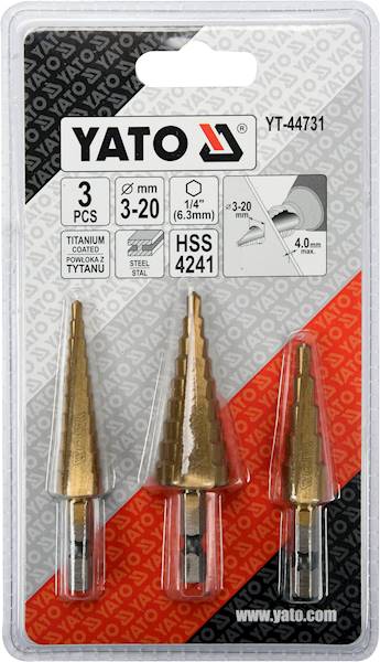 ZESTAW WIERTEŁ STOPNIOWYCH DO METALU 3-20MM YT-44731 YATO
