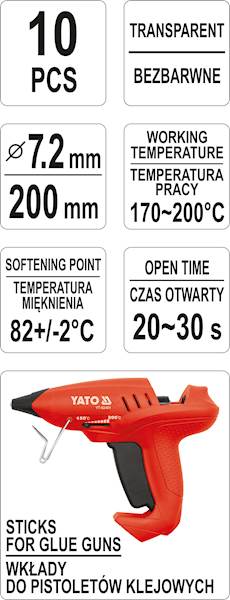 KLEJ DO PISTOLETU NA GORĄCO 10szt. 7,2x200MM BEZBARWNY YT-82440 YATO